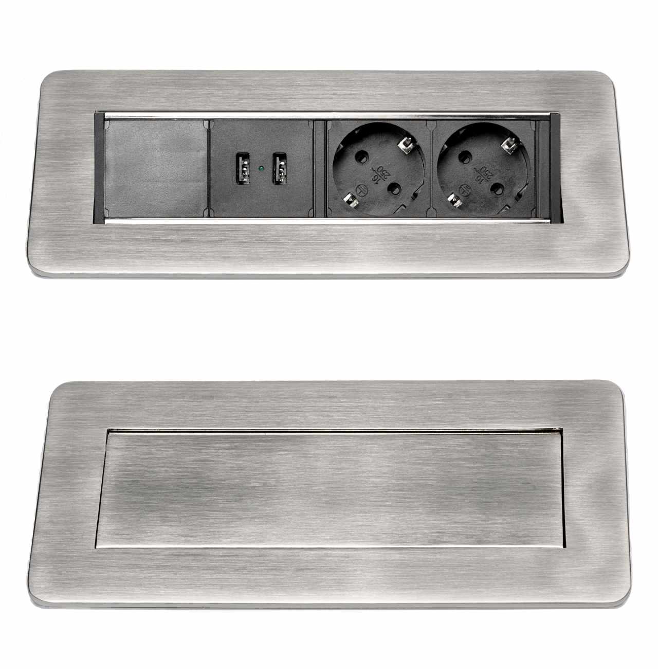 HKT Loevschal Felnyíló fedelű 2x230V dugalj+2 USB rozsdamentes acél színű